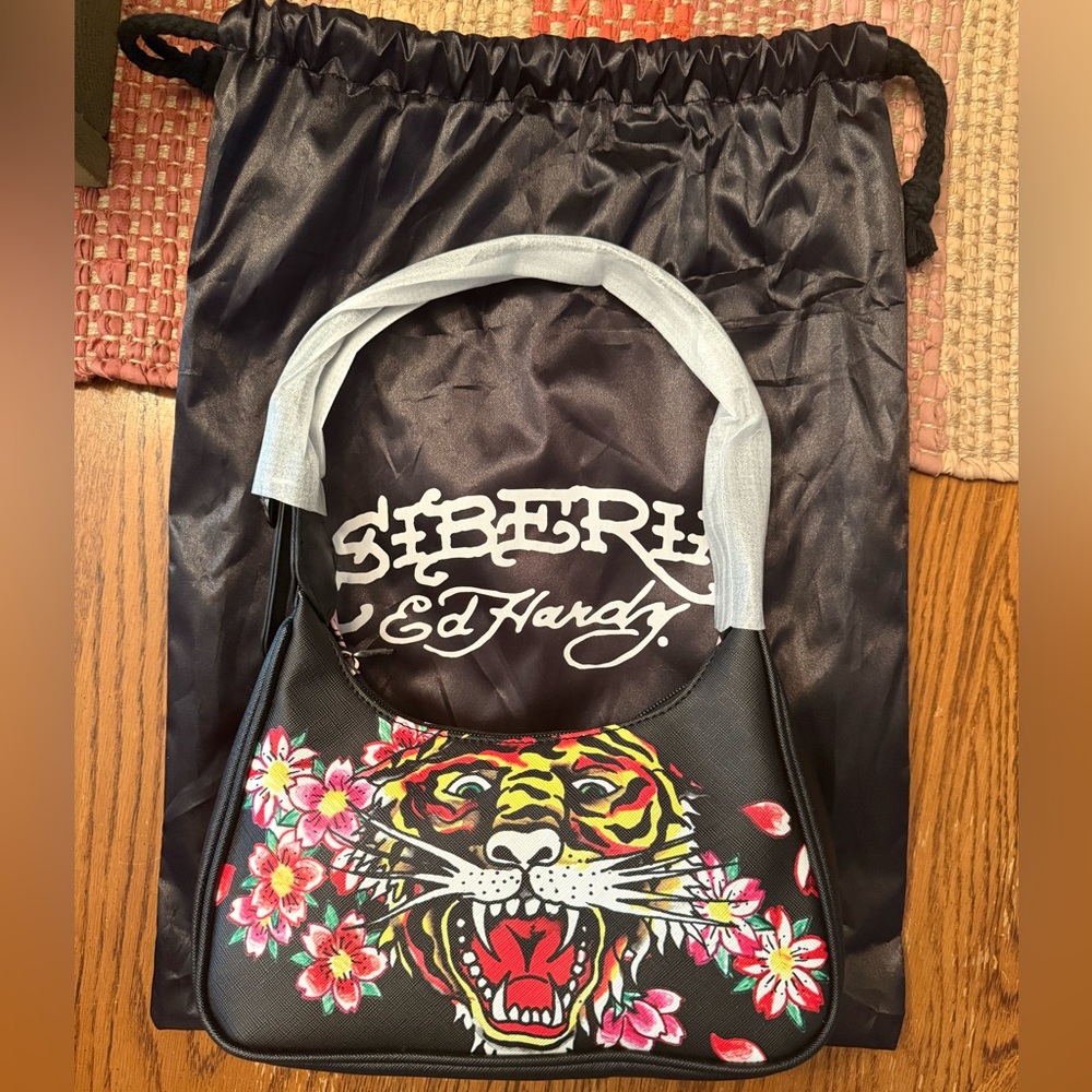Ed Hardy Black and Pink Shoulder Bag with Artistic Design and Dust Bag